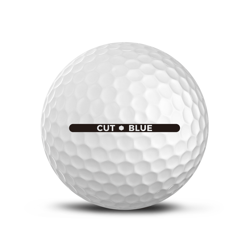 Cut Blue Golf Ball Back View Showing Ball Name