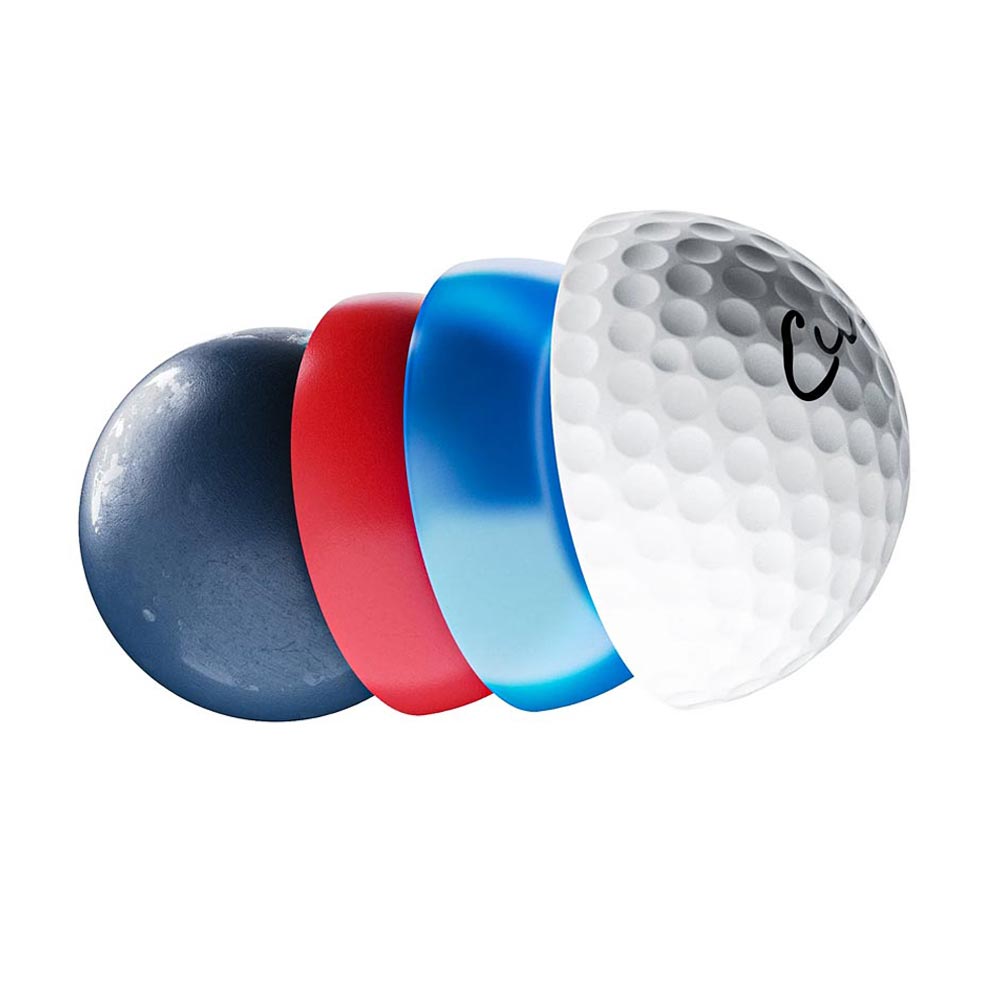 Cut DC Golf Ball Dissected Showing All Four Layers and Dual Core of Ball