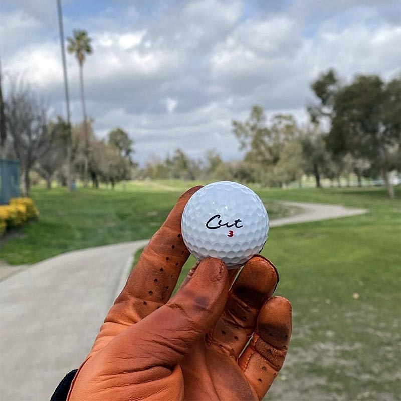 Golfer With a L:eather Glove Holding a Cut Ball In Front of Them